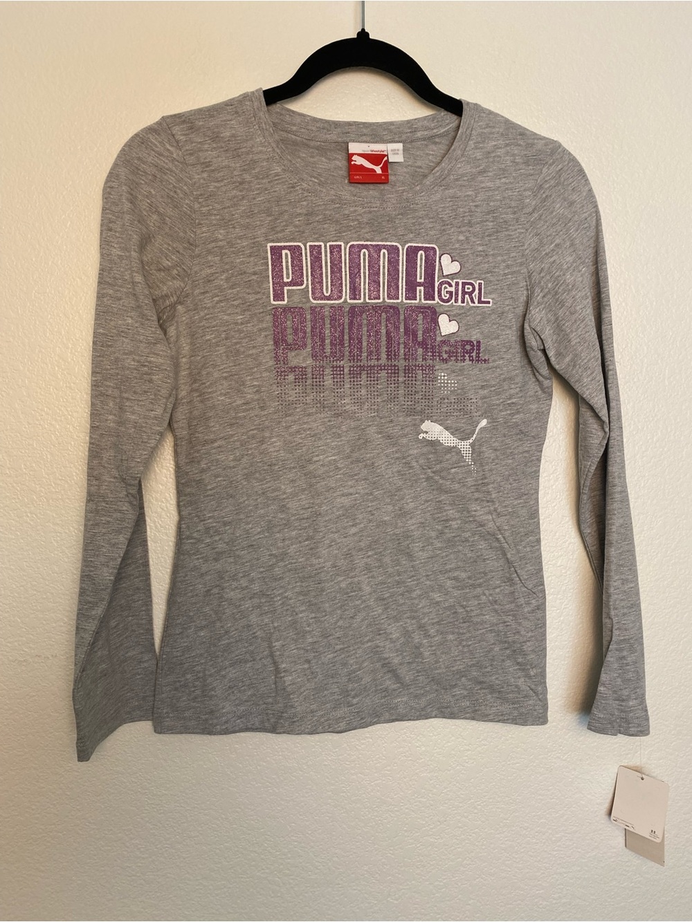 NWT Puma Girl Long Sleeve Graphic Top Gray Size XL (Girls)
